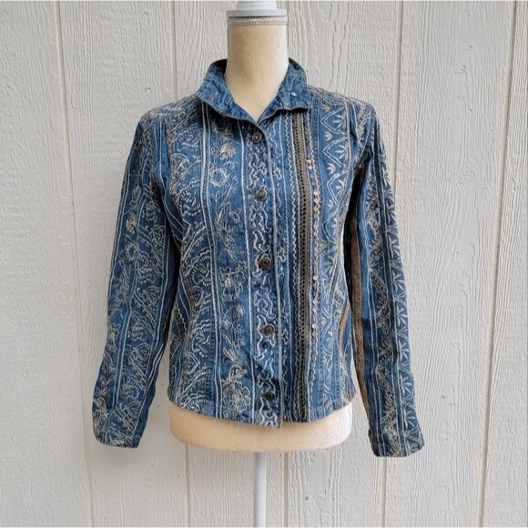 chicos embroidered button front denim jacket size 0 - Picture 1 of 3